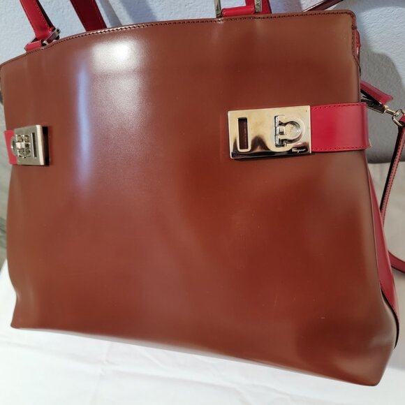 Salvatore Ferragamo Patent Leather Tote Purse Cognac Burgundy Red Gold Crossbody - Picture 17 of 17